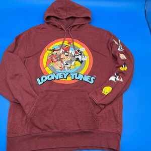 Looney Tunes Hoodie Mens L Maroon Characters Bugs Taz Graphic‎ Sleeve Pullover